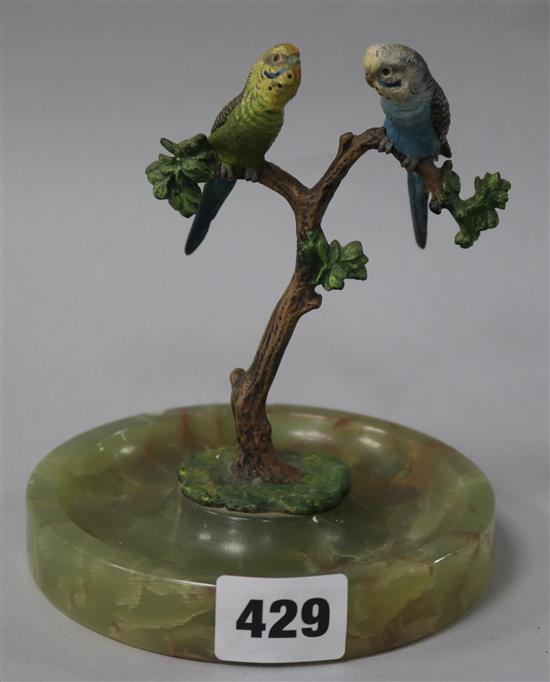 A cold painted bronze of budgies on onyx base H.13.5cm